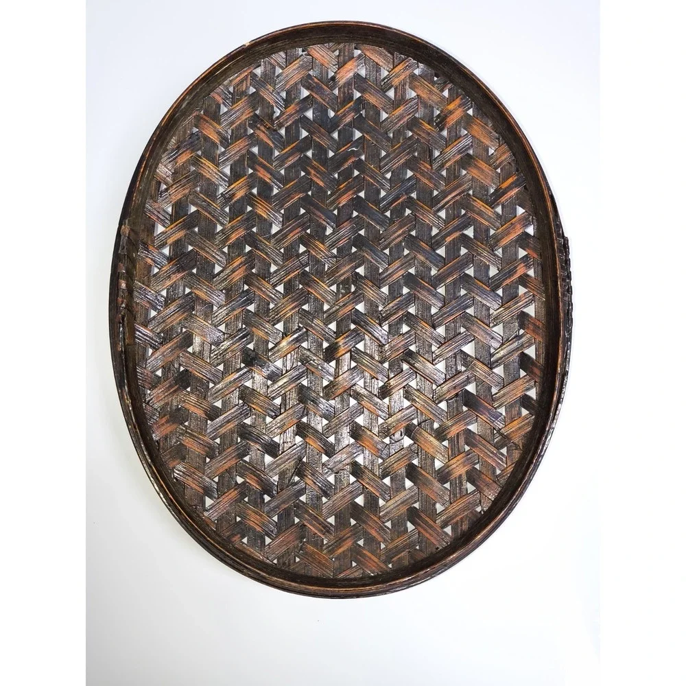 Woven Bamboo Oval Storage Basket Box Container W Lid Herringbone Weave Lacquered